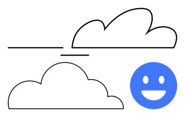 Gülümseyen mavi yuvarlak bir yüzün yanında doğrusal ve doldurulmuş bulut tasarımları. Mutluluk, hava, basitlik, iyimserlik, iletişim, markalaşma ve yaratıcı tasarım için idealdir. Düz basit metafor