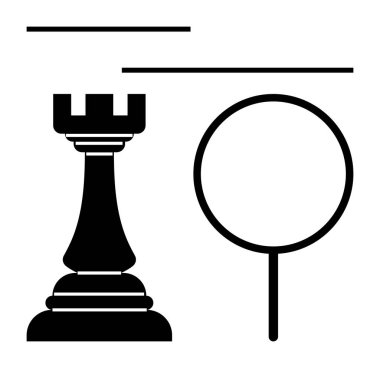 Büyüteç ve yatay çizgilerin yanında satranç kalesi. Odaklanma, hassasiyet ve strateji aktarıyor. Karar verme, analiz, planlama, liderlik, problem çözme, vizyon eleştirel düşünme için ideal