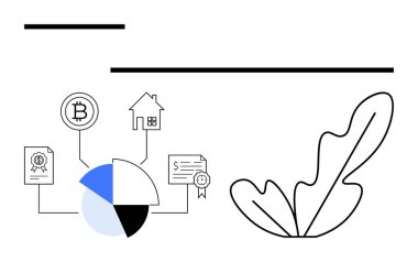 Kripto para birimine, mülkiyete, belgeye ve finansal temalara bağlı bölümlerin yer aldığı bir pasta grafiği. Dekoratif yaprak aksanlı minimalist estetik. Finans, engelleme zinciri, analitik ve yatırım için ideal