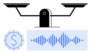 Mavi ses dalgaları ve para sembolünü yan yana koyan soyut denge ölçeği. Finans, ses hakları, teknoloji, adalet, etik ticaret, dijital ekonomi ve değer yargıları için idealdir. Düz basit