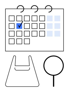 Seçilen tarihli takvim işaretli, basit alışveriş poşeti simgesi ve planlama, programlama, organizasyon, üretkenlik, alışveriş, araştırma ve minimum görevlere odaklanmayı vurgulayan büyüteç. Düz