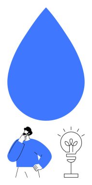 Yanan ampulün yanında el pençe divan duran kişi yaratıcılığı sembolize ediyor, büyük mavi bir su damlasının yanında. Yenilik, çevre, sürdürülebilirlik ve sorun çözme için ideal