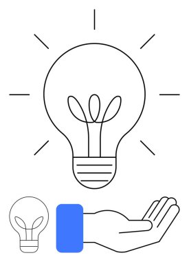 Işık yayan ampuller yaratıcılığı, yeniliği ve enerjiyi sembolize eder. Açık el desteği, özeni ve fırsatı temsil eder. İş için ideal, yenilik, takım çalışması eğitimi enerji pazarlama girişimleri