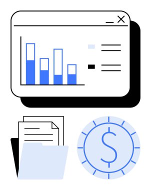 Dosya ve para içindeki dosyaların yanındaki analitik platformun bar tablosu. Finans, bütçe, veri analizi, raporlar, iş stratejisi, planlama, zaman yönetimi için ideal. Düz basit metafor