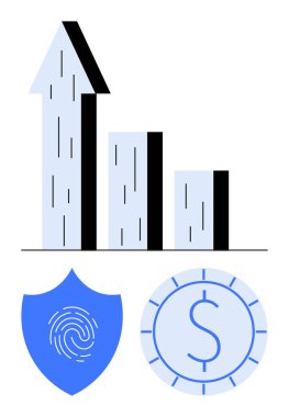 Büyümeyi simgeleyen yukarı doğru ok, güvenliği simgeleyen kalkan üzerinde parmak izi ve finansı simgeleyen para sikkesi. Finans, güvenlik, fintech, tasarruflar, yatırımlar ve veriler için ideal