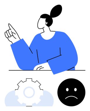 Düşünceli bir jest, teçhizat ve somurtkan yüz ile parmağını kaldıran kadın çözüm, fikir, düşünce, beyin fırtınası, geri bildirim, meydan okuma ve değerlendirmeyi sembolize ediyor. Kavramları onaylamak için ideal