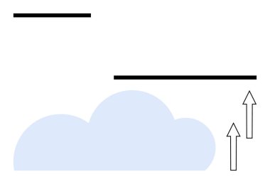 Merkezde açık mavi bulut, üç siyah yatay çizgi ve iki yükselen ok. Bulut hesaplama, teknoloji, veri transferi, büyüme, organizasyon ilerlemesi dijital yenilik için idealdir. Düz