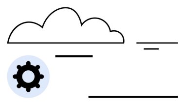 Minimalist bulut ana hatları ve vites ögesi bağlantı, bulut hesaplama, otomasyon ve dijital araçları simgeler. Teknoloji, yenilik, süreç iyileştirmesi, veri, analitik iş akışı için ideal