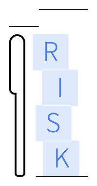 RİSK diye yazılan mavi blokların yanındaki kalem. Karar verme, belirsizlik, dikkat, zorluklar, planlama, yaratıcılık üzerine odaklanın. İş için ideal, risk analizi eğitim soyut çizgi düz