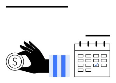 Aylık takvim, altı çizili tarih ve minimalist tasarım ile el ele tutuşan dolar sikkesi. Bütçe, mühlet, mali planlama, tasarruf, ödeme programları, zaman yönetimi, daire sade için ideal