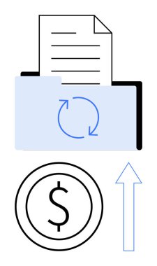 Belge ve güncelleme simgesi olan dizin, dolar sembolü, yukarı doğru ok. Finans, üretkenlik, iş büyümesi, optimizasyon, veri işleme yatırım verimliliği için idealdir. Düz basit metafor