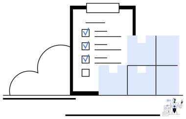 Panoda işaretli görevleri olan kontrol listesi, kutular yığını, bulut sembolü. Lojistik, görev yönetimi, verimlilik, organizasyon, envanter işleri için ideal. Düz basit metafor