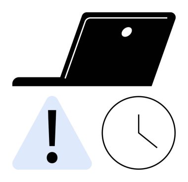 Dizüstü bilgisayar, ünlem işareti olan üçgen uyarı ve zaman yönetimi, mühlet ve ihtiyatı vurgulayan saat. Üretkenlik, iş odaklanma, aciliyet, görev planlama projesi için ideal