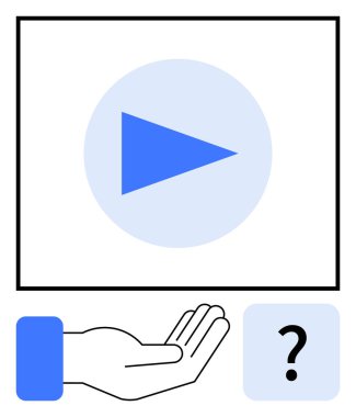 Mavi oynatma düğmesi açık elin üstünde ve aşağıdaki soru işareti. Yayın, destek, sorgulama, dijital çözümler, sunum, etkileşimli içerik, düz basit metafor için ideal