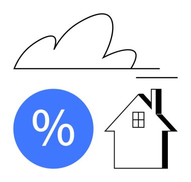 Yüzdelik işaretli mavi daire. Şekillendirilmiş bulut altında basit ev hatlarının yanında. Gayrimenkul, yatırım, kredi, mortgage, finans, hava durumu, konut piyasası soyut çizgisi için ideal