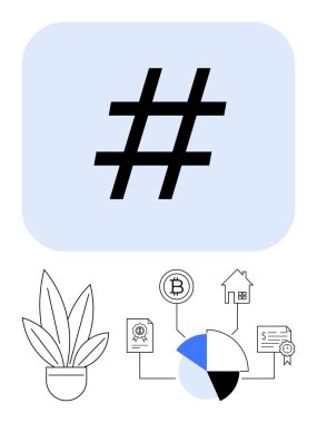 Kripto para birimi, pasta grafikleri, gayrimenkul, belgeler ve bir bitki için büyük meta veri etiketi sembolleri. Teknoloji, sosyal medya, finans, organizasyon analitik iletişim dairesi için ideal