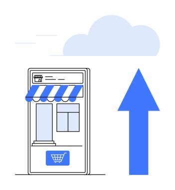 Çizgili tenteli akıllı telefon mağazası, mavi el arabası simgesi, yukarı doğru ok ve bulut çevrimiçi alışveriş, iş büyümesi, uygulama geliştirme, dijital pazarlama, bulut teknolojisi, yenilik, daire