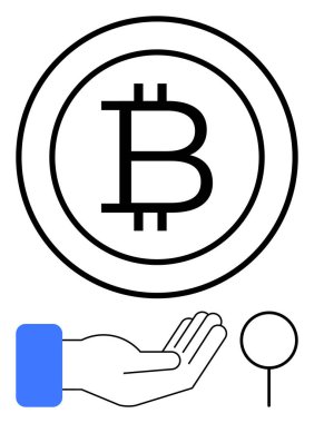 Bitcoin logosu dairesel çerçevede açık bir el ve bir iğne üzerinde. Kripto para birimi, finans, dijital ödeme, engelleme zinciri, bağış, güvenli işlem, düz basit metafor