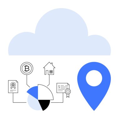 Bitcoin, dokümanlar, ev ve turta grafiği için konum işaretleyicisine bağlı simgelerin üzerinde bulut var. Teknoloji, engelleme zinciri, finans, emlak veri analizi, bulut hesaplama bağlantıları için idealdir. Düz