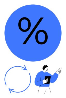 Mavi çemberdeki büyük yüzdelik sembol, süreç döngüsü için dairesel oklar, dikkat çeken bir tablet tutan kişi. İş, strateji, indirim, finans, veri, büyüme pazarlama dairesi için ideal