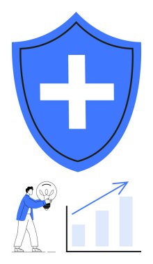 Güvenlik için haçı olan mavi kalkan, yenilik olarak ampul tutan kişi ve yükselen büyüme tablosu. Ticari ilerleme, koruma, yenilik, büyüme, sağlık hizmetleri için ideal, girişimler basit