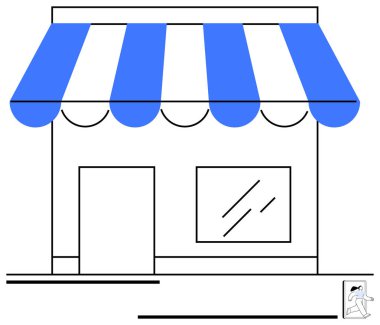 Mavi tenteli, tek pencereli ve kapılı minimalist küçük dükkan cephesi. Perakende, alışveriş, girişimcilik, küçük işletme, pazarlama, e-ticaret ve ekonomi için idealdir. Düz basit