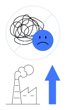 Çemberle kesişen karmaşık çizgilerin yanındaki üzgün yüz, duman çıkaran fabrika, yukarı doğru büyük mavi ok. Çevre, endüstri, akıl sağlığı, kirlilik, büyüme stresi sürdürülebilirliği için idealdir. Düz
