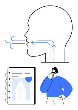 Hava akışı oklu insan kafası nefes alma sürecini gösteriyor. Sağlık belgeleri ve kalp çizelgesi olan bir defterin yanında düşünen bir adam. Anatomi, sağlık, fitness, farkındalık, meditasyon için ideal