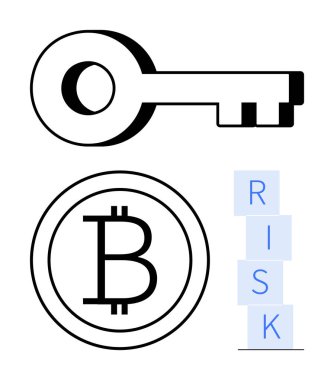 Büyük anahtar, Bitcoin madeni para ve birikmiş RISK blokları güvenlik, kripto para birimi, zorluklar ve fırsatları gösteriyor. Finans, engelleme zinciri ve yatırımlar için ideal dijital para biriminin geliştirilmesi riski