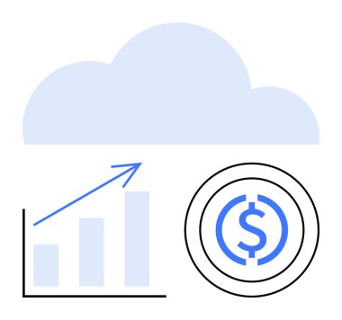Büyüme grafiğinin üstündeki bulut ve madeni para madeni performansı, yeniliği ve dijital ekonomiyi sembolize ediyor. Finans, analitik, bulut hesaplama, yatırım, iş büyümesi, kâr için ideal
