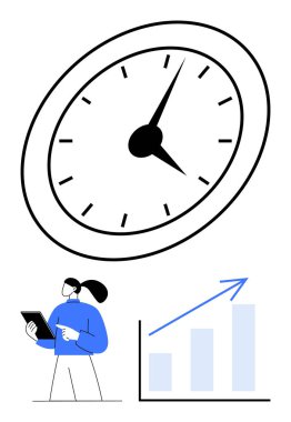 Saati gösteren büyük saat, tableti analiz eden kadın, yukarı bakan grafik büyümeyi gösteriyor. Üretkenlik, planlama, zaman yönetimi, strateji, büyüme analizi için ideal başarı. Düz basit metafor