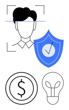 Kafa taraması, işaretli kalkan, dolar işareti ve güvenlik, finans ve yenilikleri gösteren ampul. Biyometrik, fintech, yaratıcılık siber güvenlik veri koruması için ideal başlangıç