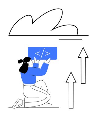 Bir kadın bulut simgesinin altında bulut hesaplama, büyüme ve yeniliği sembolize eden oklarla kodlama paneli tutuyor. Kodlama, programlama, veri depolama, bulut hizmetleri ve modern teknoloji için ideal