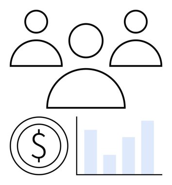 Bir bar tablosu ve madeni paranın üç ana hatları takım çalışması ve finansal analizi gösteriyor. Finans, takım yönetimi, iş stratejisi, yatırım, büyüme, analiz, başarı için ideal. Basitleştirilmiş