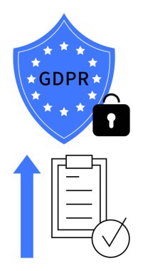 Yıldızlı GDPR etiketli mavi kalkan, güvenlik için siyah kilit, ilerlemeyi gösteren ok, pano kontrol listesi ve kontrol işareti. Veri koruması, gizlilik politikası, uyum ve siber güvenlik için ideal