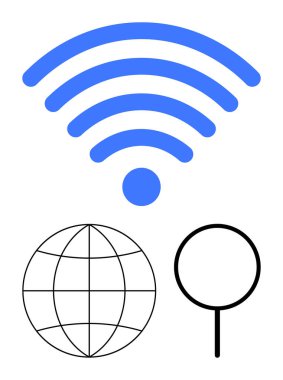 Küre üzerinde mavi kablosuz sinyal ikonu ve büyüteç çizgisi, internet, küresel bağlantı ve arama. Teknoloji, yenilik, veri, araştırma, keşif dijital için ideal