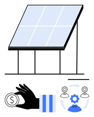 Güneş paneli, bozuk para ve iş vitesi rotasyonuyla kurulmuş. Sürdürülebilirlik, yeşil enerji, yenilenebilir kaynaklar, mali büyüme, iş stratejisi, yenilik, çevre