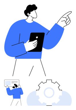 Tableti bilerek yukarı doğru gösteren kişi ekran ekranında küçük bir figür, dişli simgesi ayarları simgeliyor. Teknoloji, liderlik, planlama, karar verme, yenilik, strateji için ideal