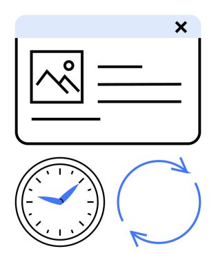 Resim ve metin içeren web sayfası düzeni, analog saat, zamanı ve süreci sembolize eden dönen oklar. Zamanlama, verimlilik, güncellemeler, otomasyon, verimlilik, zaman yönetimi dijital sistemleri için ideal