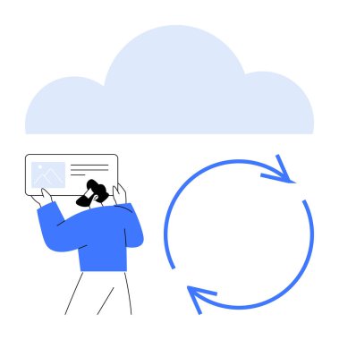 İçinde dairesel oklarla birlikte büyük bir buluta doğru hareket eden bir içerik kartı tutan kişi. Veri senkronizasyonu, depolama, işbirliği, dijital transfer, otomasyon, bulut hizmetleri, düz basit