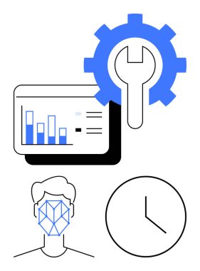 İnsan yüzü, bar çizelgesi, teçhizat ve saati gösteren yüz haritası biyometrik, analitik, zaman izleme ve optimizasyonu simgeliyor. Teknoloji yapay zeka yenilik üretkenlik araçları süreci için idealdir. Düz