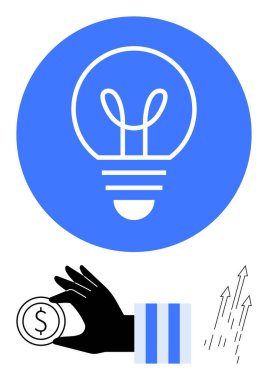 Ampul yeniliği temsil ediyor, el para yatırımı için, oklar finansal büyümeyi simgeliyor. Finans, girişim, yenilik, büyüme, ekonomi stratejisi karı için idealdir. Düz basit metafor