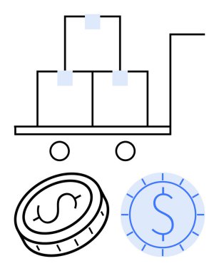 Dolar sikkesi ve para birimi ikonu içeren el arabası nakliyat, ticaret ve finans simgesi. Ticaret, lojistik, e-ticaret, nakliyat, tasarruf yatırım ekonomisi için ideal. Düz basit