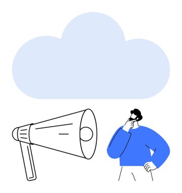 Büyük hoparlörlerin yanında eli çenesinde bulutların altında düşünceli bir adam. İletişim, teknoloji, beyin fırtınası, duyurular, bulut hesaplama, dijital pazarlama, düz basit metafor