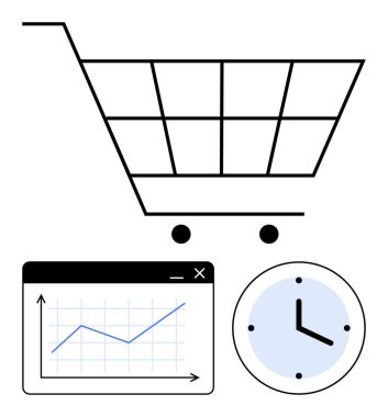 Alışveriş arabası, veri penceresindeki çizgi grafiği ve çevrimiçi perakende, analiz ve zamanı temsil eden saat. E-ticaret, iş büyümesi, verimlilik, çevrimiçi alışveriş karar perakendecisi için ideal