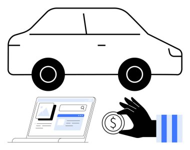 Dijital arama arayüzünün üstündeki araba, siyah el para teklif ediyor. E-ticaret, ödeme, alım satım, otomobil ticareti, online alışveriş, teknoloji hassasiyeti için ideal. Basit düz metafor
