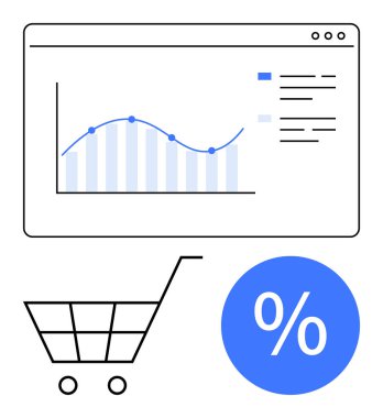 Ekranın yanındaki alışveriş arabasında büyüme grafiği yüzde indirim simgesi var. Çevrimiçi alışveriş, e-ticaret, dijital pazarlama, satış, indirim, analitik ve trend analizi için ideal. Soyut