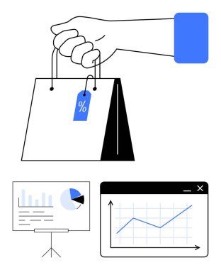 Elinde yüzde etiketi olan bir alışveriş çantası var. Tabloların yanında bir de tarayıcı penceresi var. Perakende, satış, e-ticaret, analiz, büyüme, trend pazarlama için ideal. Düz basit metafor