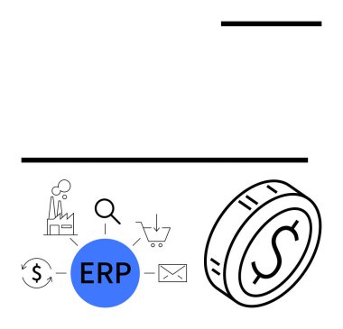 Fabrika ikonlarına bağlı mavi ERP çemberi, büyüteç, el arabası, e-posta ve para birimi. Madeni para maddi büyümeyi ön plana çıkarır. İş planlaması, otomasyon, strateji verimliliği lojistiği için ideal