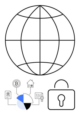 Küresel bağlantıyı, pasta grafiğini, Bitcoin 'i, tapuyu, sertifikayı, siber güvenliği simgeliyor. Küresel teknoloji, engelleme zinciri ve veri koruma inovasyonu için ideal